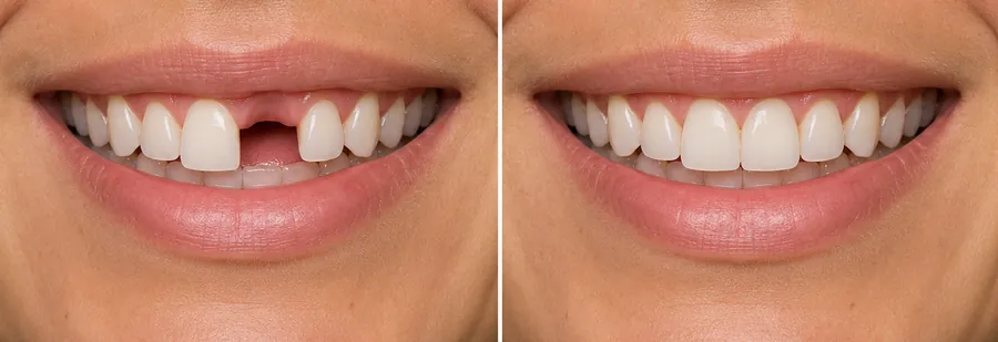 Illustrative before and after smile comparison: a missing upper front tooth on the left, a completed front tooth on the right.